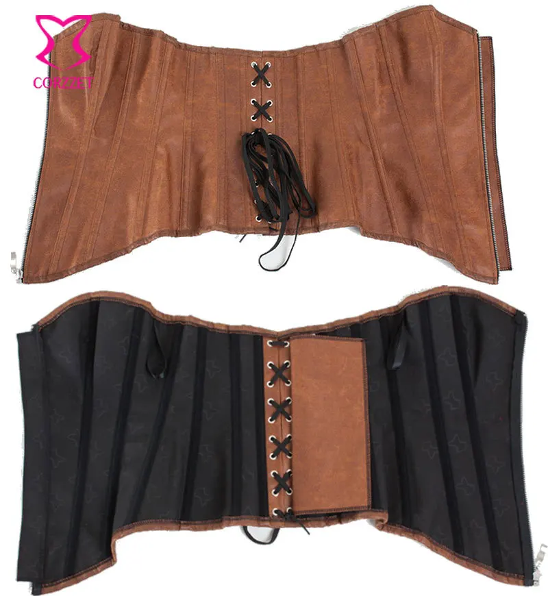 Women Zipper Sexy Brown Faux Leather Corset Overbust Corsetto Steampunk Corsets Waist Slimming Corpetes E Espartilhos Para Festa