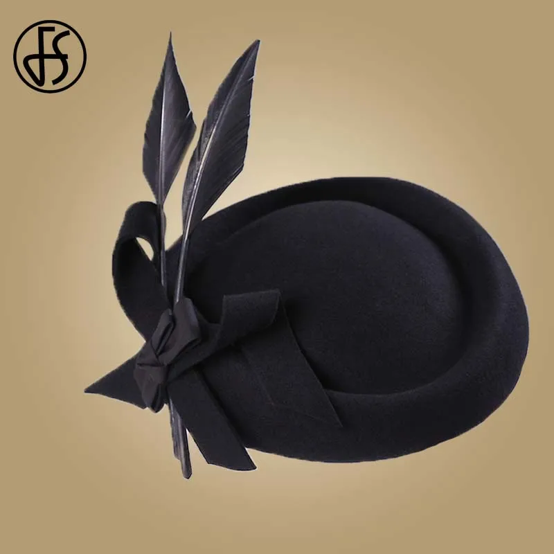 FS Royal Blue Women Feather Hat Fascinator For Wedding Black Wool Fedoras Felt Hats Elegant Lady Derby Church Party Hats