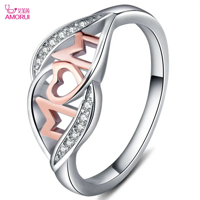 AMORUI Romantic AAA Zircon Love Mommy Jewelry Ring For Women Gold Heart Ring Give Mom Ring Gift  Mother And Daughter Ring