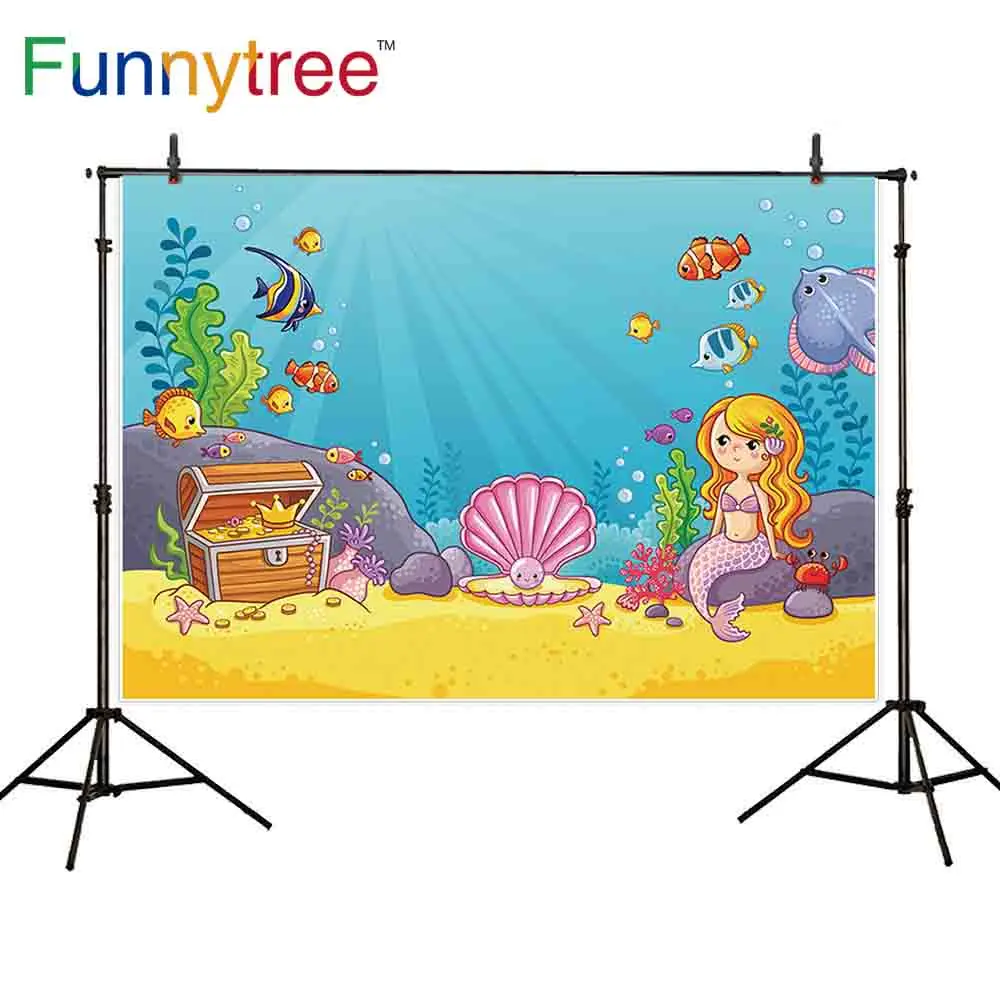 Funnytree photography backdrops cartoon seabed mermaid shell seaweed summer treasure children background wallpaper photography