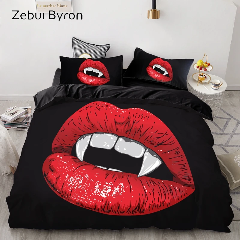 3D Print Duvet Cover Set Custom/Europe/USA,Bedding Set Queen/King,Quilt/Blanket Cover Set Red Lips Vampire Mouth Helloween,