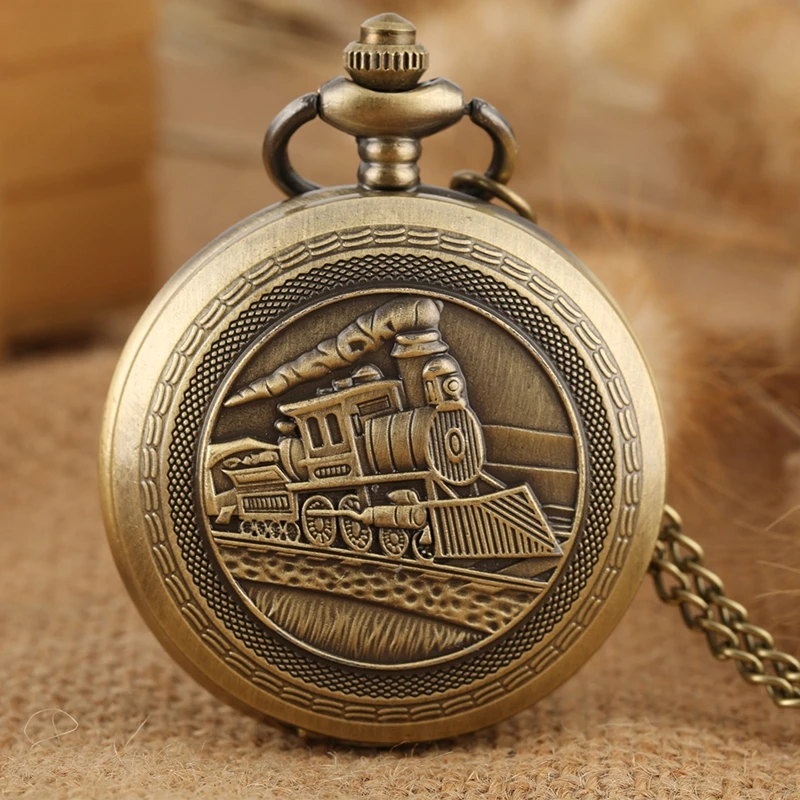 Locomotive Train Pattern Bronze Steampunk Necklace Quartz Pocket Watch  Pendant Chain Art Collectible Unisex Gifts for Men Women