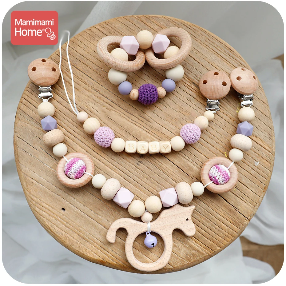 

Mamihome 1set Wooden Teether Silicone Beads Baby Bell Cart Chain Crochet Beads Pacifier Clip Chain Pendant Rodent Soother Clasp