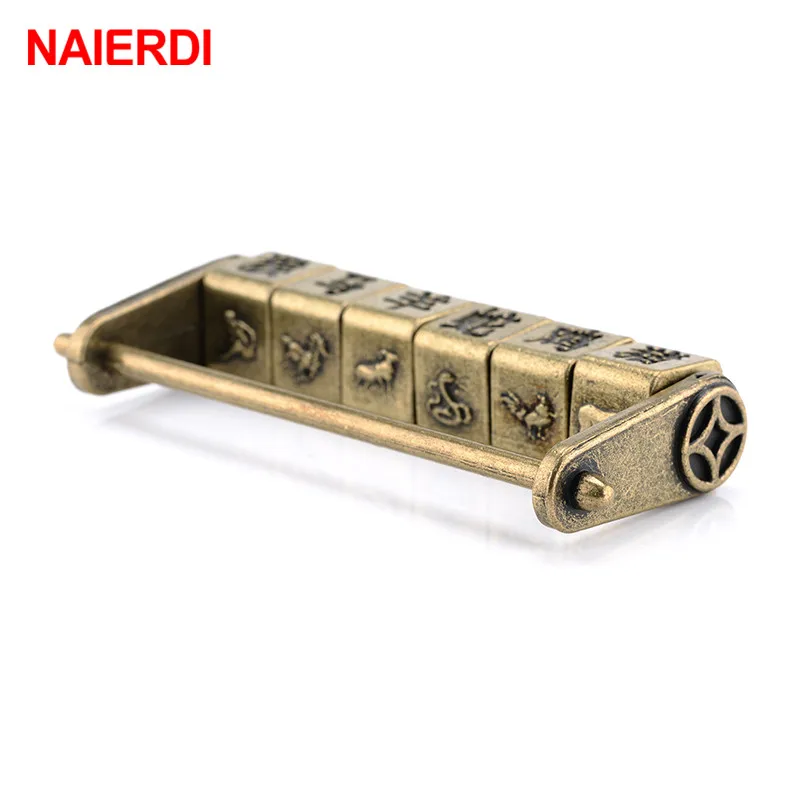 NAIERDI 90*37mm Zinc Alloy Chinese Vintage Antique Bronze Keyed Padlock Retro Combination Password Lock Jewelry Box Padlock