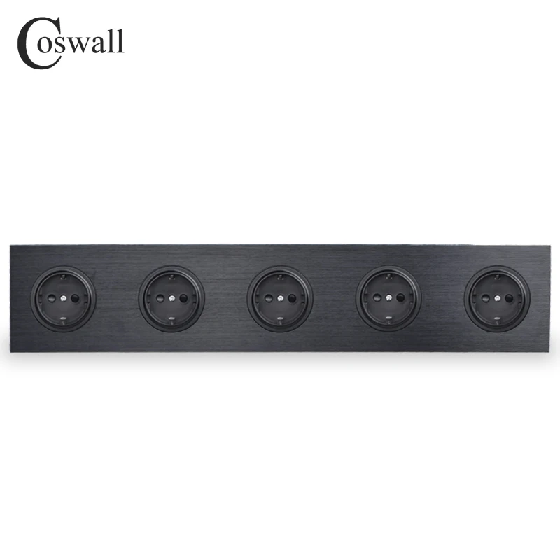 

Coswall Black / Silver Grey Brushed Aluminum Metal Panel Quintuple EU Russia Wall Socket Grounded With Children Protective Door