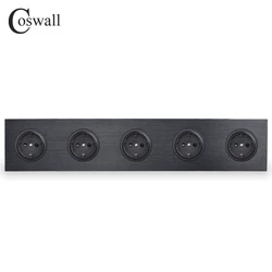 Coswall Black / Silver Grey Brushed Aluminum Metal Panel Quintuple EU Russia Wall Socket Grounded With Children Protective Door