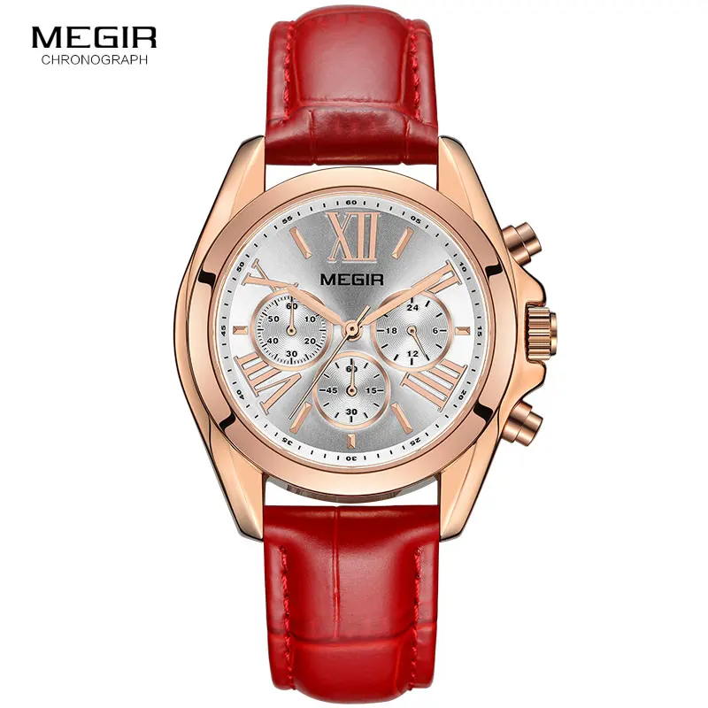 MEGIR Women\'s Casual Quartz Red Watches Chronograph Leather Strap Business Wristwatch for Lady Relogios Feminiinos Clock 2114