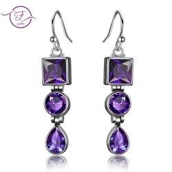 Lavender Amethyst Studded Silver Fashion Long Earrings Jewelry for Women Party Anniversary Birthday Gift Vintage Drop Earrings