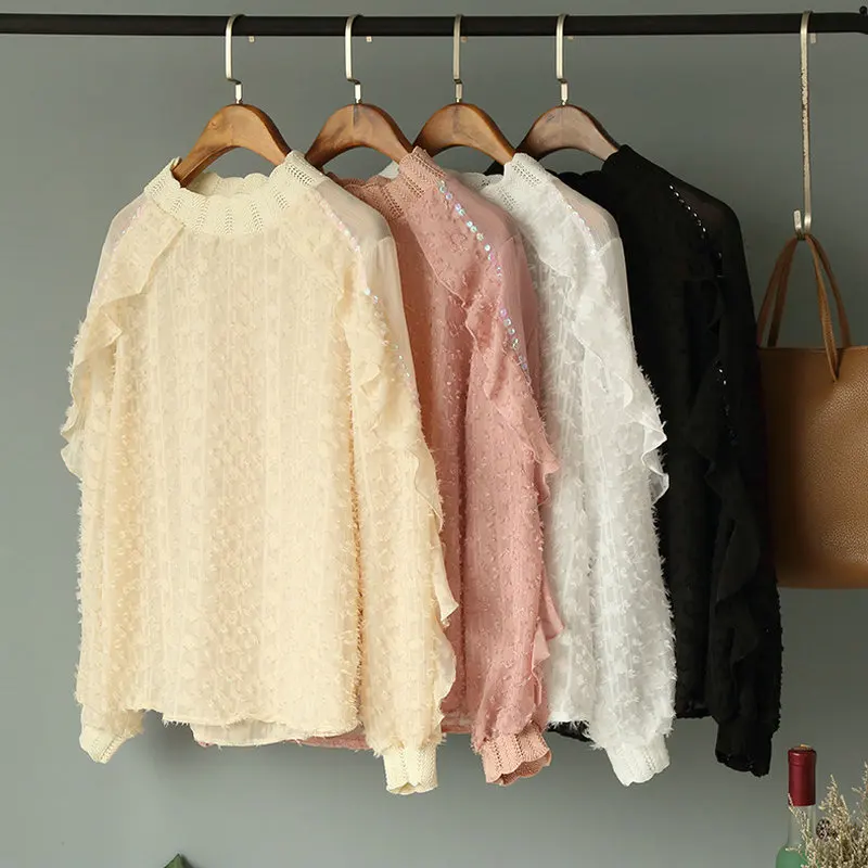 Women Spring Summer Long Sleeve Sequined Basic Ruffles Shirt Elegant Chiffon Lace Tulle Pullover Mesh Gauze Voile Blouse Tops