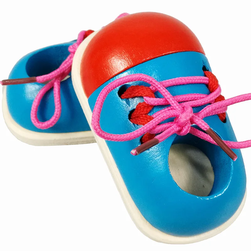 2 pçs crianças montessori educacional brinquedos de madeira gravata sapatos rendas até sapatos brinquedos criança lacing sapatos cedo educacional aprendizagem brinquedos