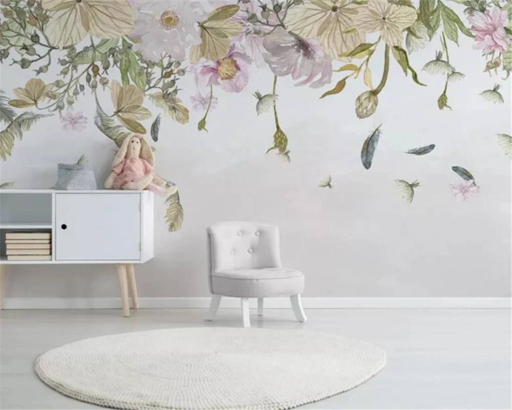 Custom Wallpaper Modern small fresh leaves floral feathers watercolor style background wall wallpaper for kids room mural