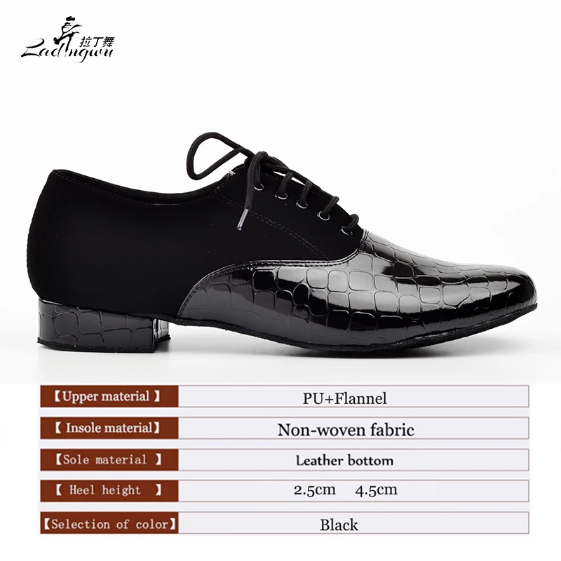 Ladingwu Modern Crocodile texture PU and Flannel Dance Shoes Men Black Soft Bottom Ballroom Dance Competition Shoes 2.5/4.5cm