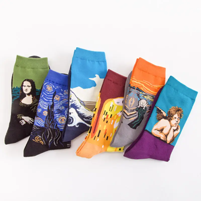 5pair/lot Men Socks Long Cotton Happy Sock Men Funny Art Dress Socks Color Crew Men\'s Fashion Set Print Van Gogh Art Socks