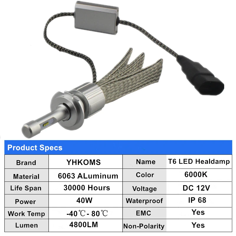 YHKOMS 9005 HB3 9006 HB4 LED H4 H7 Car LED Headlight H1 H3 H8 H9 H11 LED Bulb 80W 9600LM Car Light bulb 6000K 12V Fog Light