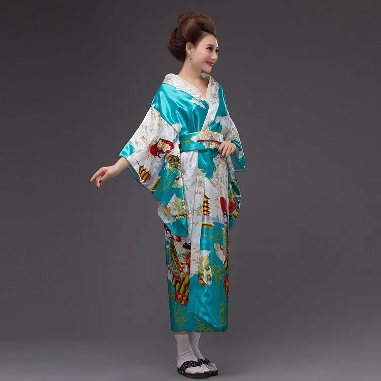 New Blue Yukata Japanese Women's Silk Kimono Vintage Original Tradition  Dress with Obi One size - AliExpress 200000532