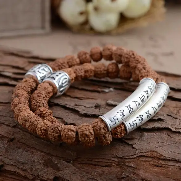 

NEW 990 Silver Tibetan Six Proverb Beads Bracelet Buddhist Rudraksha Wrist Mala Tibetan Mala Bracelet