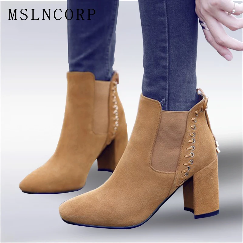 

Size 34-43 New High quality Women Genuine Leather Ankle Boots Ladies Party Nubuck Leather Elastic Slip On high heels Shoes Pumps