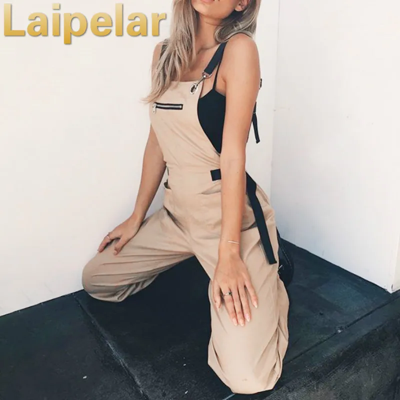 Laipelar Khaki Rompers Womens Jumpsuit Long Elegant Zipper Pockets Sleevlesee Adjusted Strap High Waist Cotton Fashion Summer