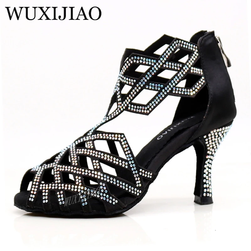 WUXIJIAO Zwart Rhinestonesladies schoenen Jazz sneakers hoge hak dansschoenen met strass Latin dansschoenen