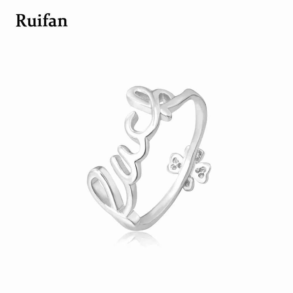 Ruifan 925 Sterling Silver Rings for Women Luck Letters Flower Cubic Zirconia White Gold Color Wedding Party Jewelry Gift YRI004