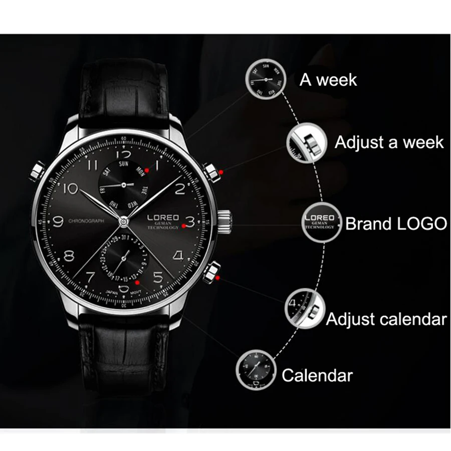 LOREO Quartz Watch Men Waterproof Sport Military Watches Mens Business Leather Wristwatch Male Clock Reloj Hombre New