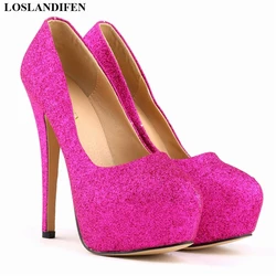 New Fashion High Platform Shallow Women Wedding Shoes Solid Sequined Cloth Round Toe Elegant High Heels Shoes Women's Size 35-42