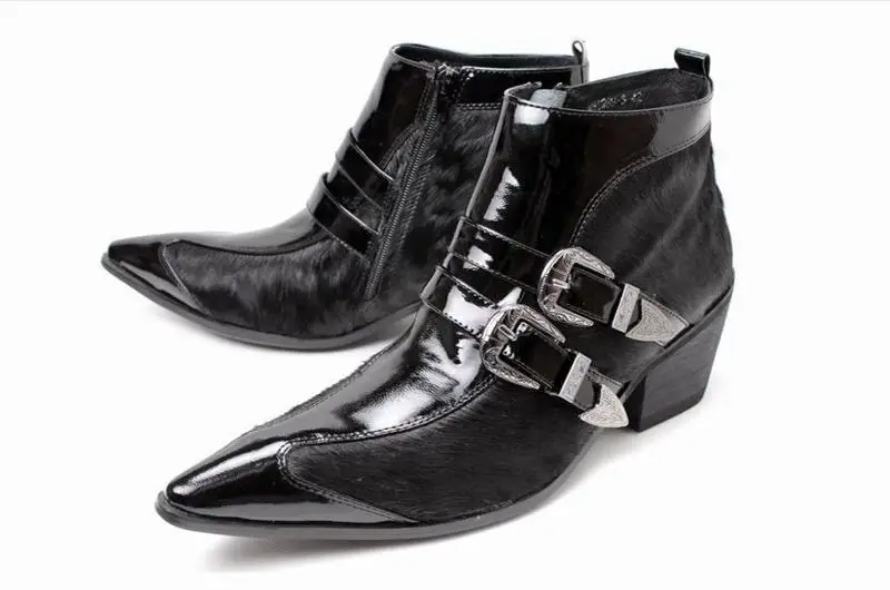 men boots high quality genuine leather pointed toe horse hair men's dress boots fashion buckle motorcycle zipper high heels shoe