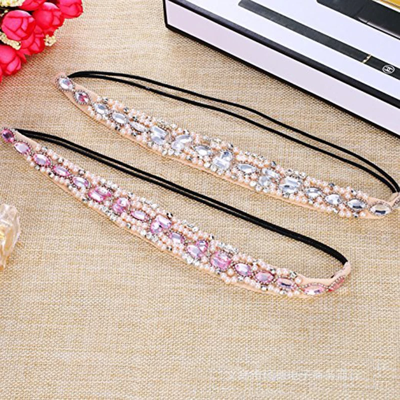 Wedding Hair Accessories Fashion Crystal Rhinestone Beads Handmade Elastic Pearl Headband Manual Club Beaded Headdress Headwrap