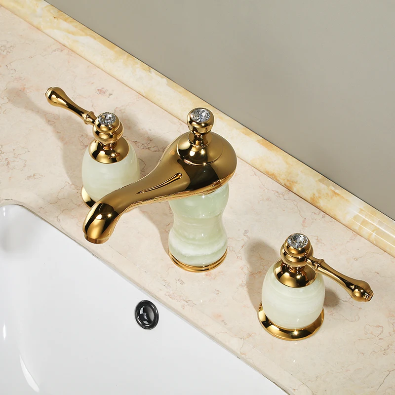 Luxury Gold Brass Natural jade Bathroom Sink Faucet Golden Art Basin Mixer Taps Three holes Lavatory Faucet,Gold Finish--SM523