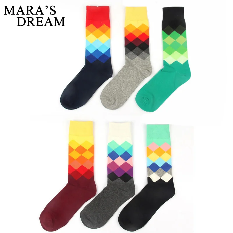 5 Pairs creative large size men cotton socks for man discolor diamond plaid socks autumn winter male colorful long socks Meias