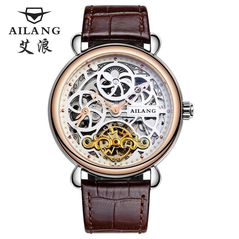 Deluxe Automatic Mechanical Watch Dial Dual Time Zone Function Group Male Sun And Moon Stars Display Leather Watch Skeleton