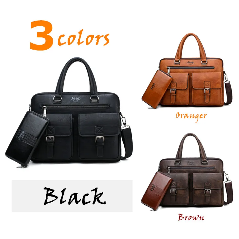 JEEP BULUO Brand Man\'sBusiness Briefcase Bag 2pcs/set Split Leather High Quality Men office Bags For 13. 3 inch Laptop A4 Causel