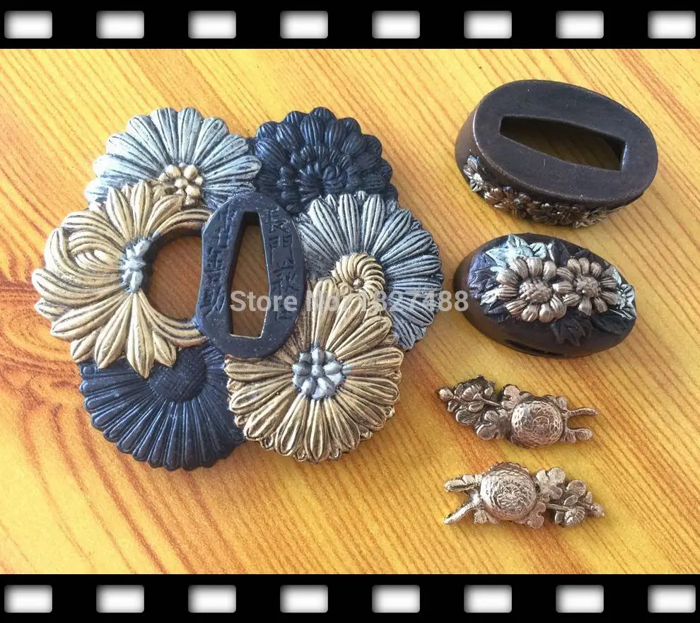 High Quallty A Set Copper Fitting Japanese katana WAKIZASHI Sword DIY Handmade Accessories TSUBA+FUCHI+KASHIRA+MENUKI