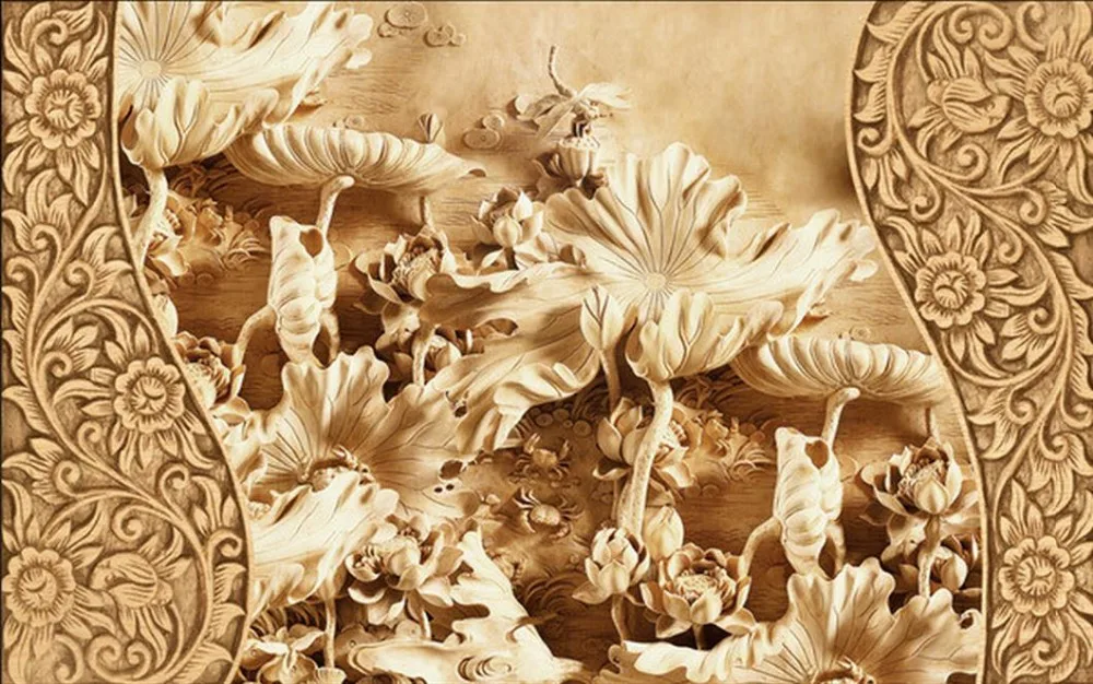 

3D mural wallpaper Lotus leaf carvings relief TV backdrop 3d stereoscopic wallpaper Home Decoration