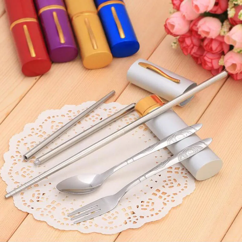 100Pcs Wedding Favors Stainless Steel 3 in 1 Cutlery Set Portable Travel Tableware Chopsticks/Fork/Spoon ZA6014