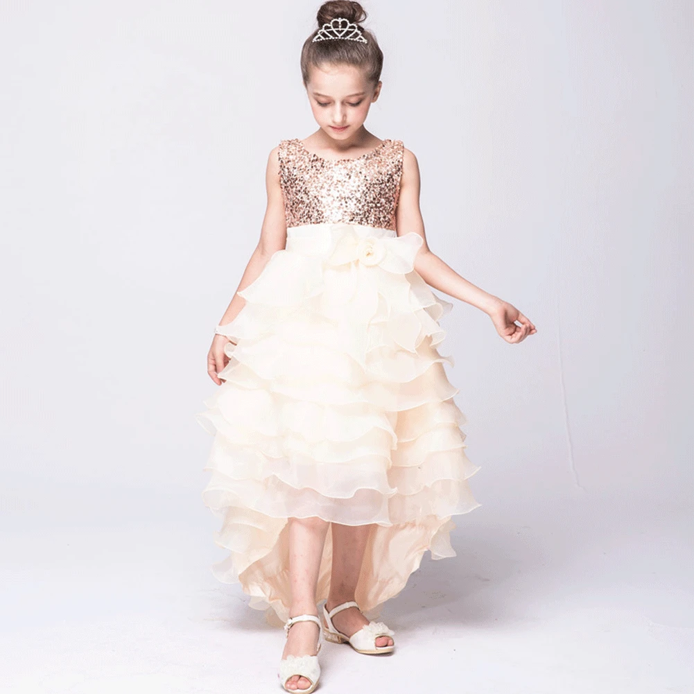 NEW Girl Paillettes Cake Trailing Abiti Da Sposa Flower Girl Dresses