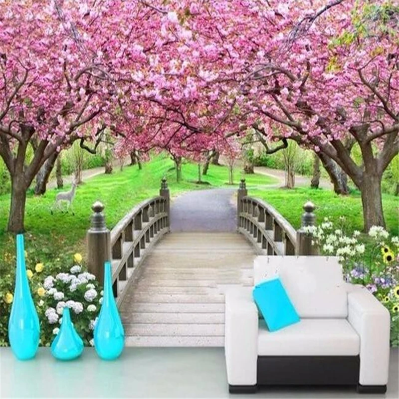 

Home Decor Wallpaper Mural Photo Sakura Wood Bridge Park Background Wall paper 3D Living Room Bedroom Mural Beibehang