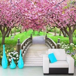 Home Decor Wallpaper Mural Photo Sakura Wood Bridge Park Background Wall paper 3D Living Room Bedroom Customized Painting