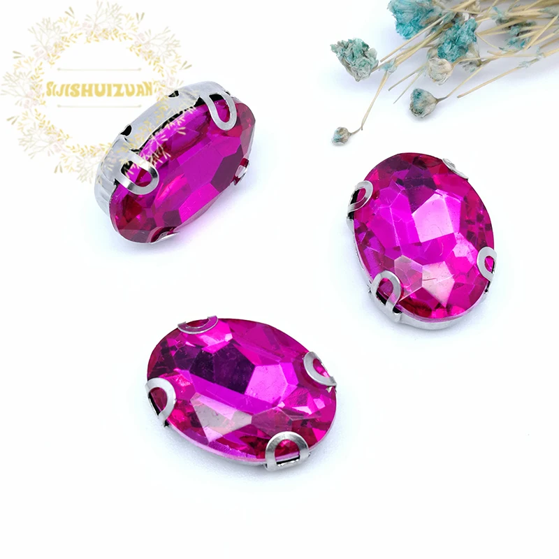 Oval Rose Red Shape Glass Rhinestones With D Claw silver Sew On Crystal Stone Diamond Metal Base Buckle For Clothes Decoration