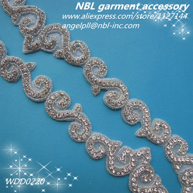 

(10 yards) Wholesale bridal applique iron on rhinestone beaded trim for wedding dress WDD0220