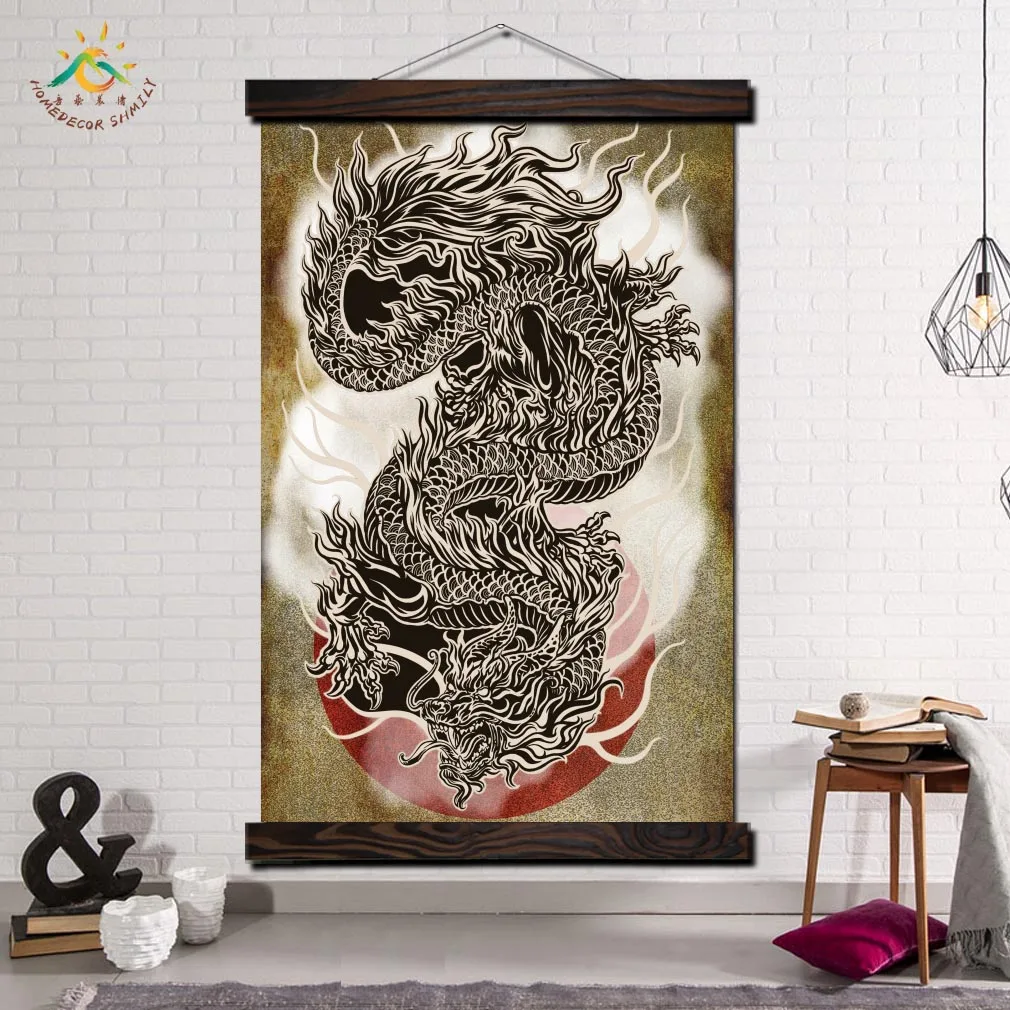 

Japan Dragon Image Animal Wall Art Canvas Frame Scroll Painting Print Poster Decorative Picture for Living Room