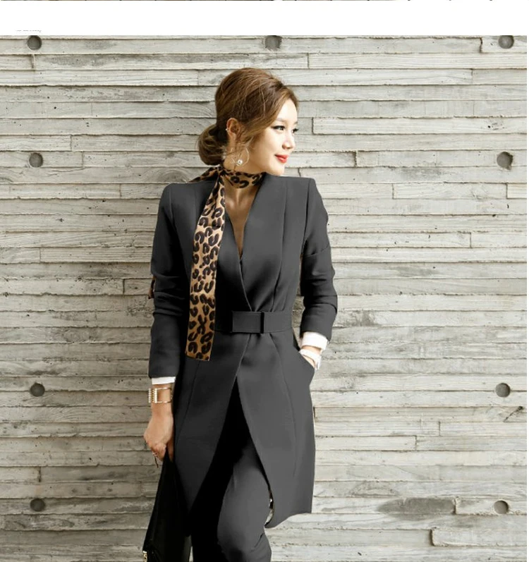 JSXDHK Autumn Winter Women Two Piece Set Office Ladies Long Sleeve V Neck Blazers Coat + Pencil Full Length Pants Suit With Belt