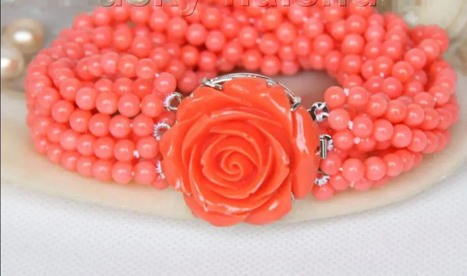 

Hot Sale New Style 10row Round Pink Coral Beads Bracelet Imitation Pink Coral Clasp 18 Inch Genuine Lucky Lady's Jewelry