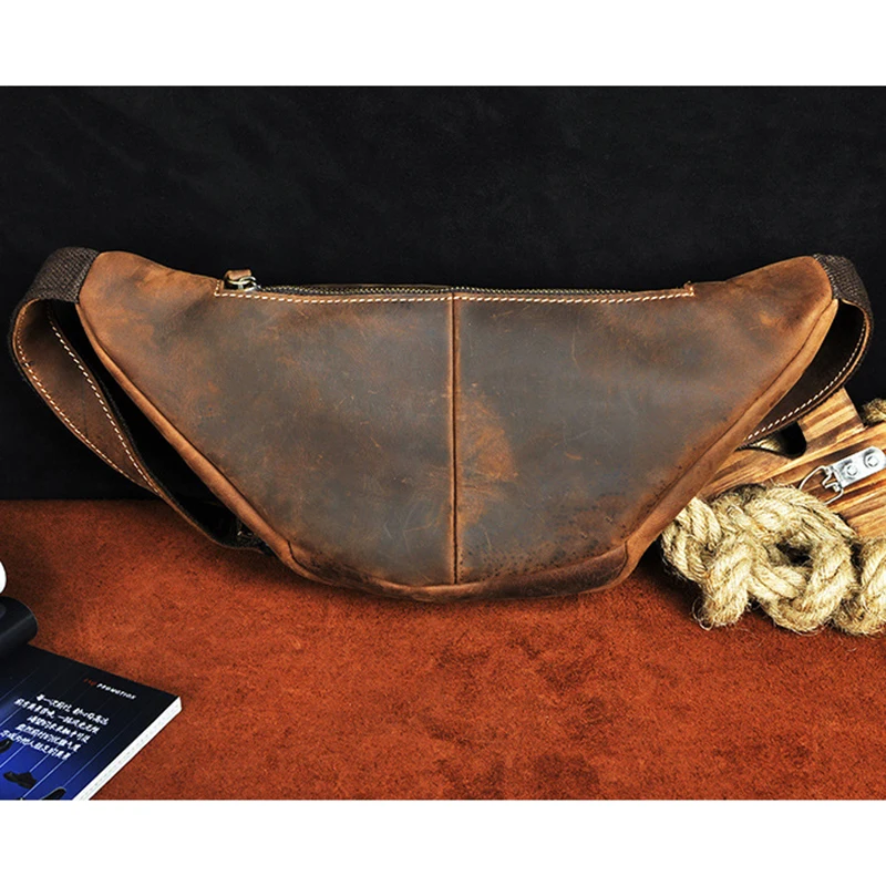 Genuine Leather Men Bag Waist Chest Pack Cross Body Crazy Horse Cowhide Purse 7\'\' Bum Male Messenger Hip Belt Fanny Pack Bags