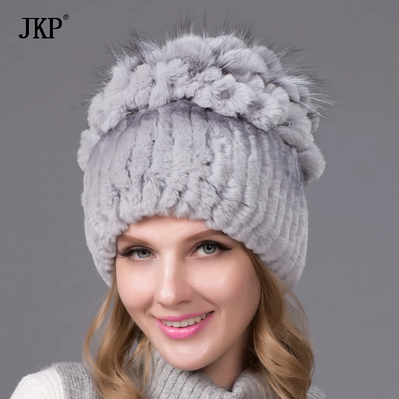 Fashion Women Winter  Natural Real Rex Rabbit Fur Hat Feather Fox Knitted Hedging Cap Female 2024 New Shelves THY-10