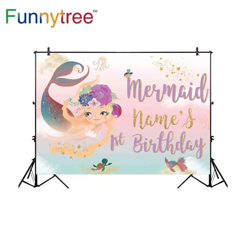 

Funnytree Mermaid Theme 1st Birthday Party Girl Kids Backdrops Photography Studio Seafish Fariy Tale Custom Background Photocall