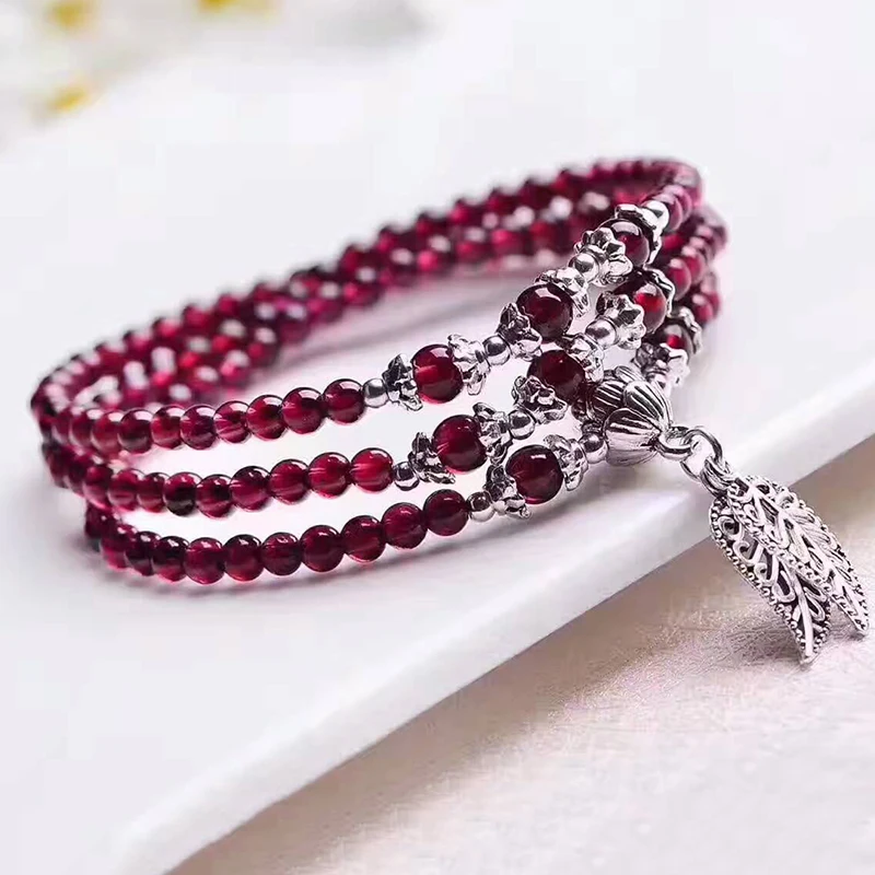 Wine Red Garnet Natural Stone Bracelets Beads Tibetan Silver Leaf Pendant Women Beauty Bracelet Multilayer Jewelry