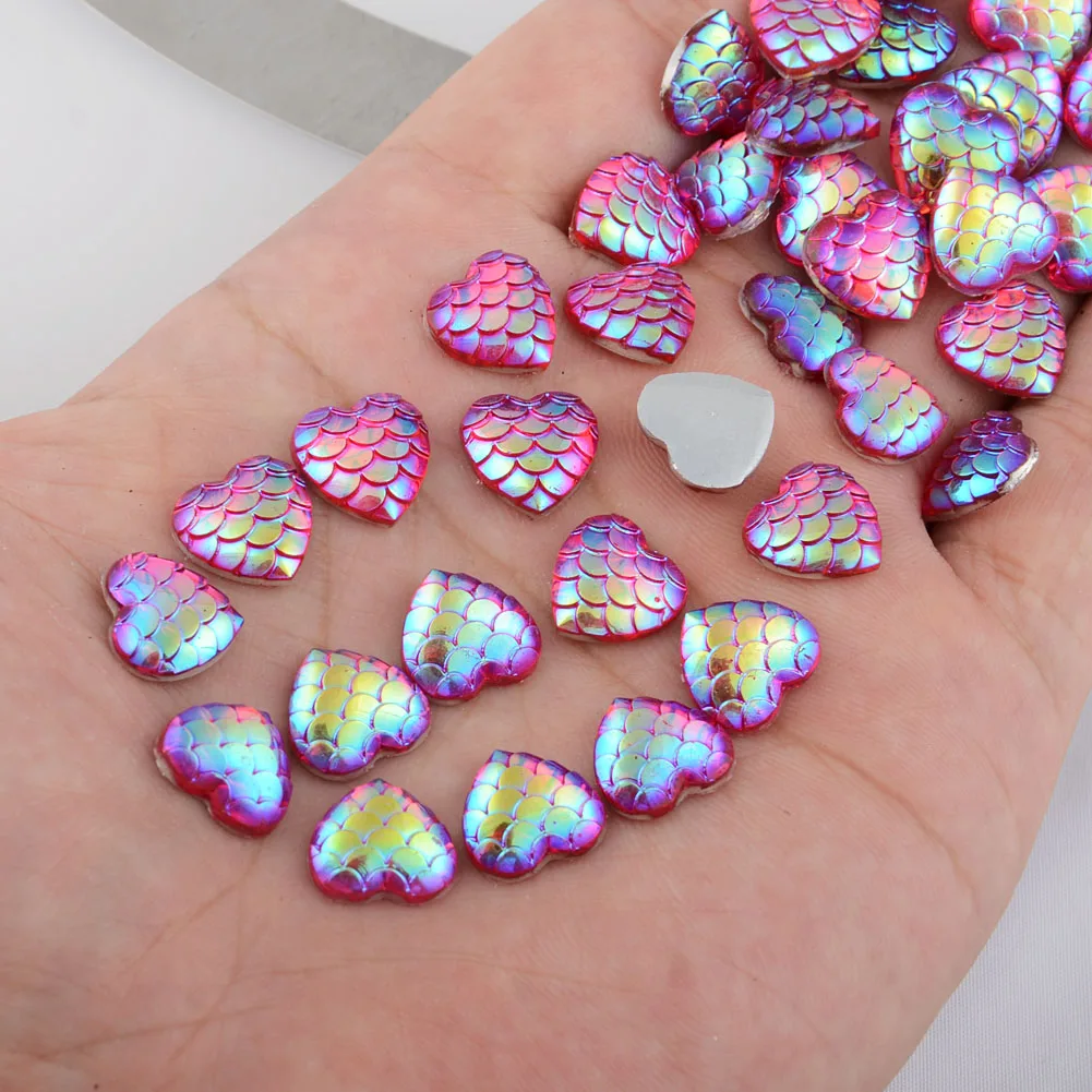 BOLIAO New 30Pcs 12*12mm ( 0.47*0.47in ) Heart Shape Fish scale Hot Pink Resin Flatback Appliques/Craft/Wedding Decoration DIY