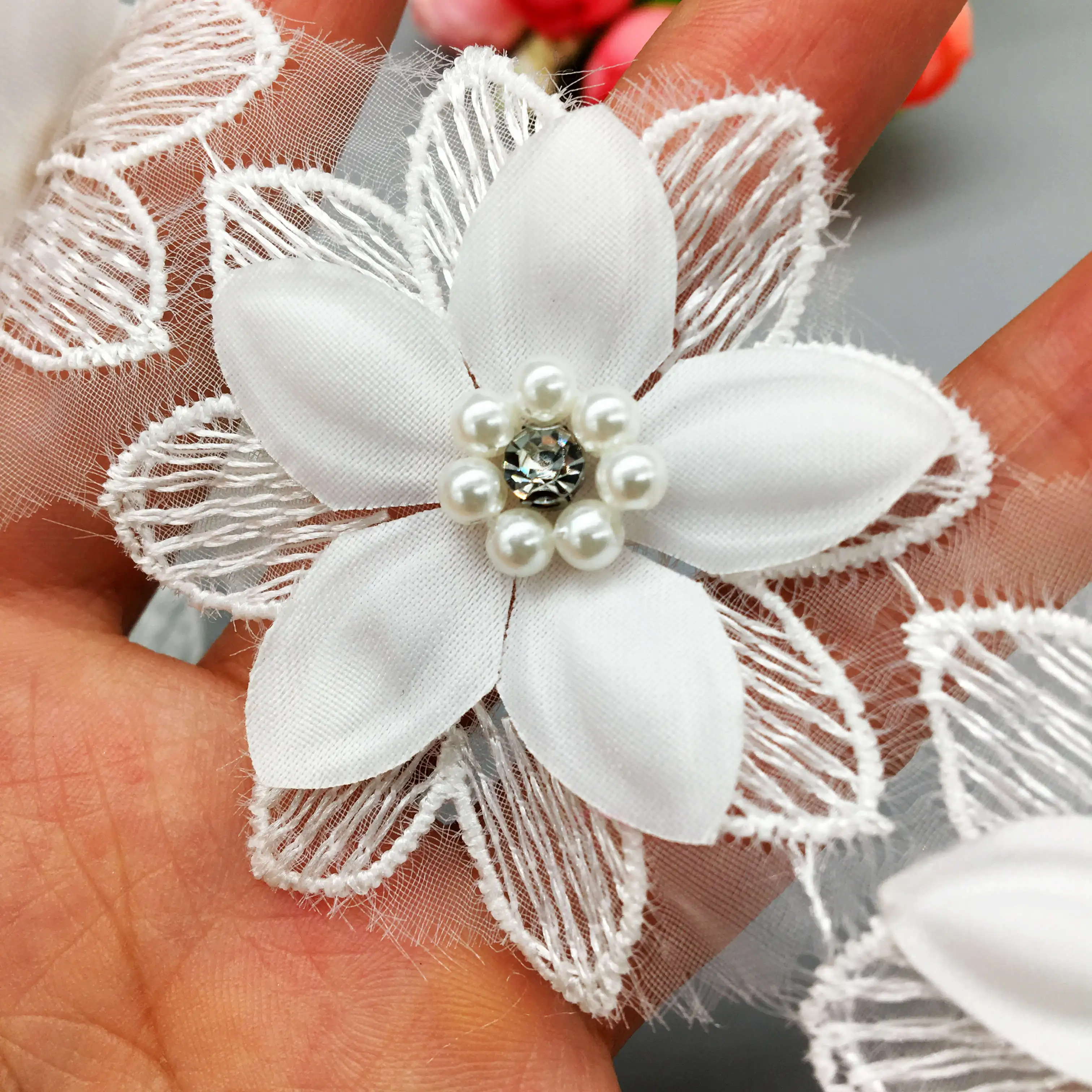

10x Pearl Lace Flower For Dress Ribbon Fabric Lace Trim Knitting Wedding Embroidered Handmade Patchwork Sewing Supplies Craft