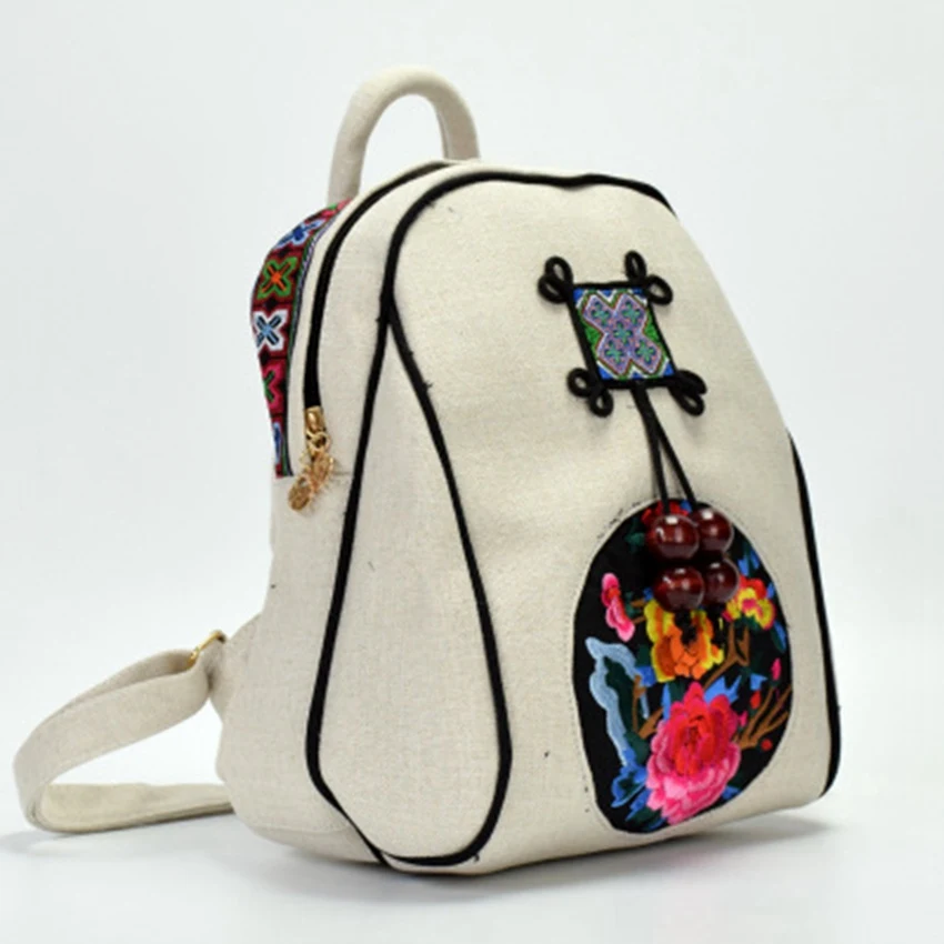 

New national embroidery bag round embroidery linen shoulder bag hand-woven wooden beads accessories small backpack